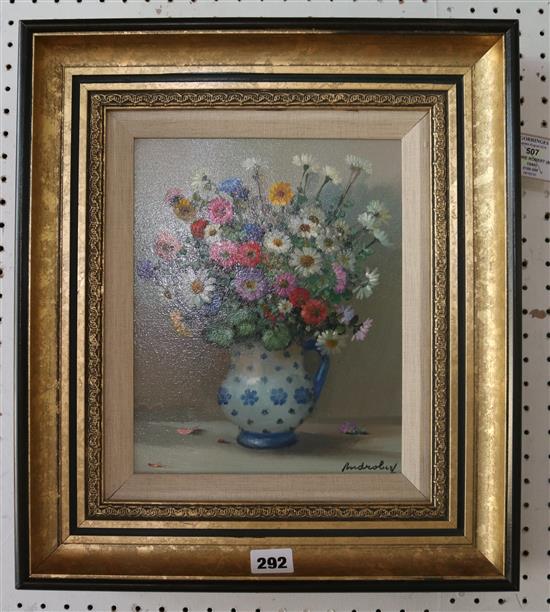 André Robert, oil, Flowers for a blue and white vase(-)